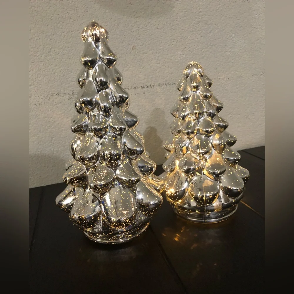 Silver Ceramic Lighted Holiday Tree Décor - Set of 2